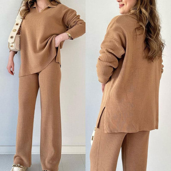 Mia | Elegant Tvådelat Set Dam med V-Ringad Topp och Vida Benbyxor 1