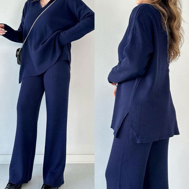 Mia | Elegant Tvådelat Set Dam med V-Ringad Topp och Vida Benbyxor 2