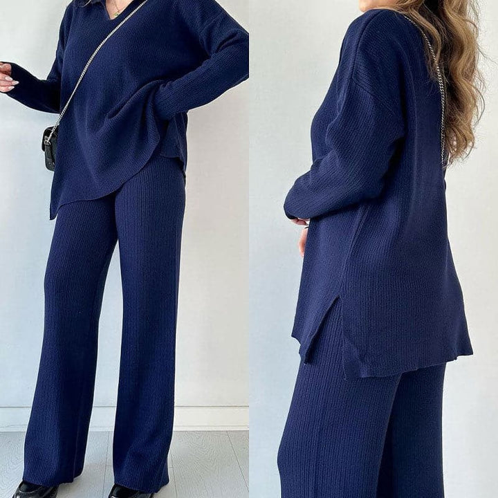 Mia | Elegant Tvådelat Set Dam med V-Ringad Topp och Vida Benbyxor 2