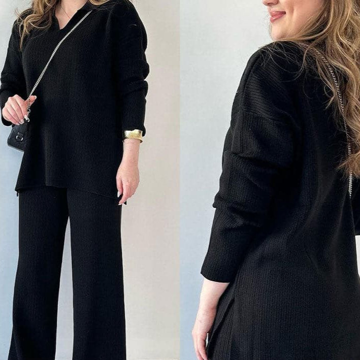 Mia | Elegant Tvådelat Set Dam med V-Ringad Topp och Vida Benbyxor 7