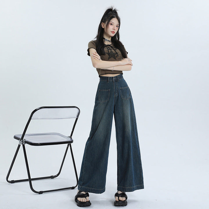 Mia | Retro Lösa Hög Midja Byxor Dam i Denimblandning 0