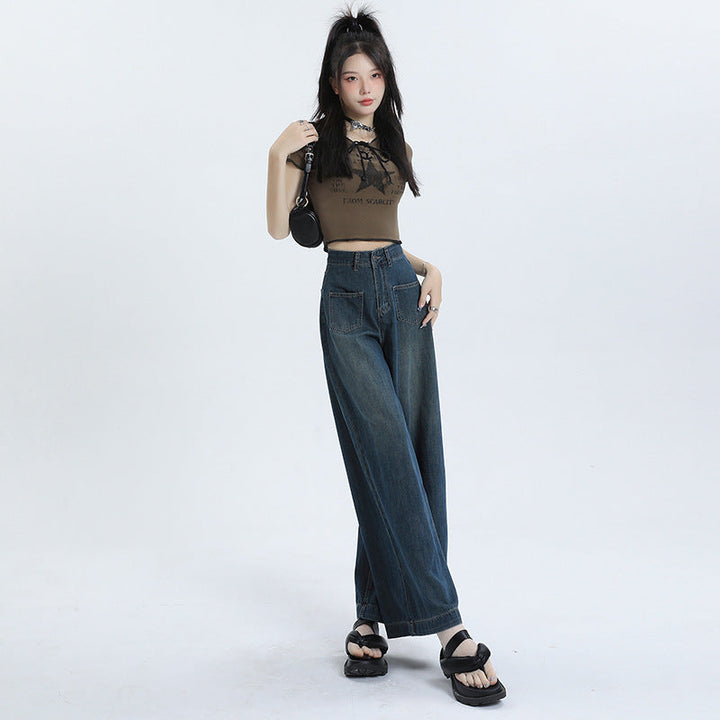 Mia | Retro Lösa Hög Midja Byxor Dam i Denimblandning 3