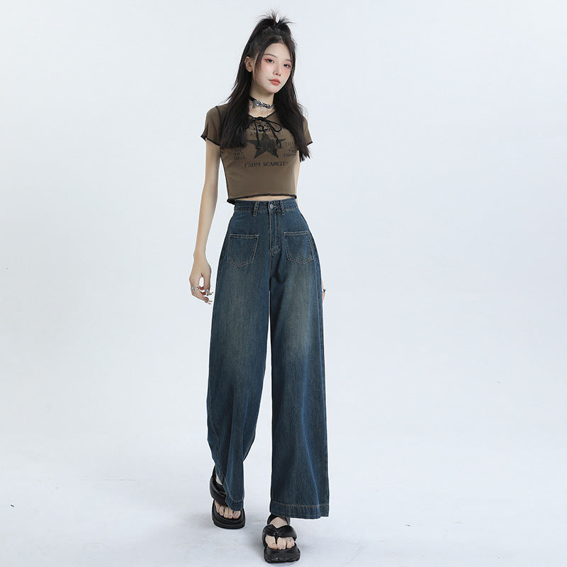 Mia | Retro Lösa Hög Midja Byxor Dam i Denimblandning 4