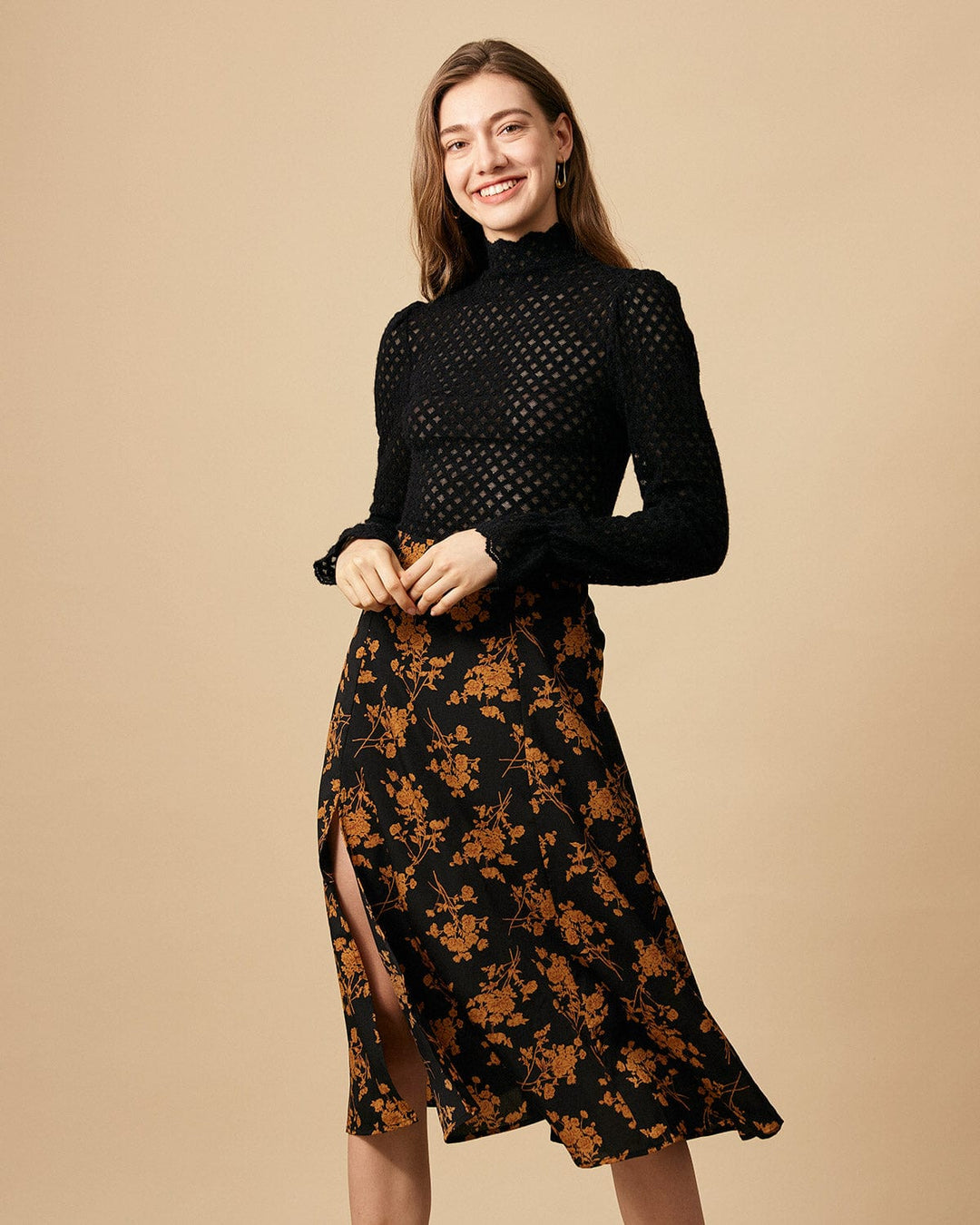 Mia | Vintage Blommig A-Linje Kjol med Hög Midja och Slits 2