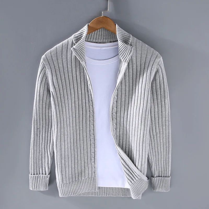 Modern Stickad Kofta för Män med Dragkedja och Ribbade Ärmslut | Elegant Design för Komfort och Stil 0