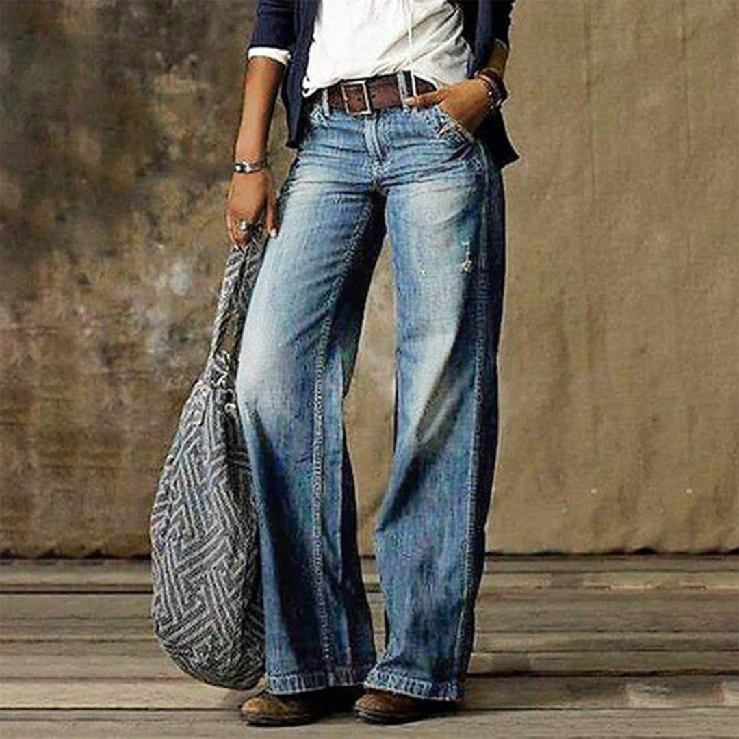 Moderna Vida Jeans | Högmidjade med Bred Benöppning & Fickor | Tidlös Stil för Komfort 0
