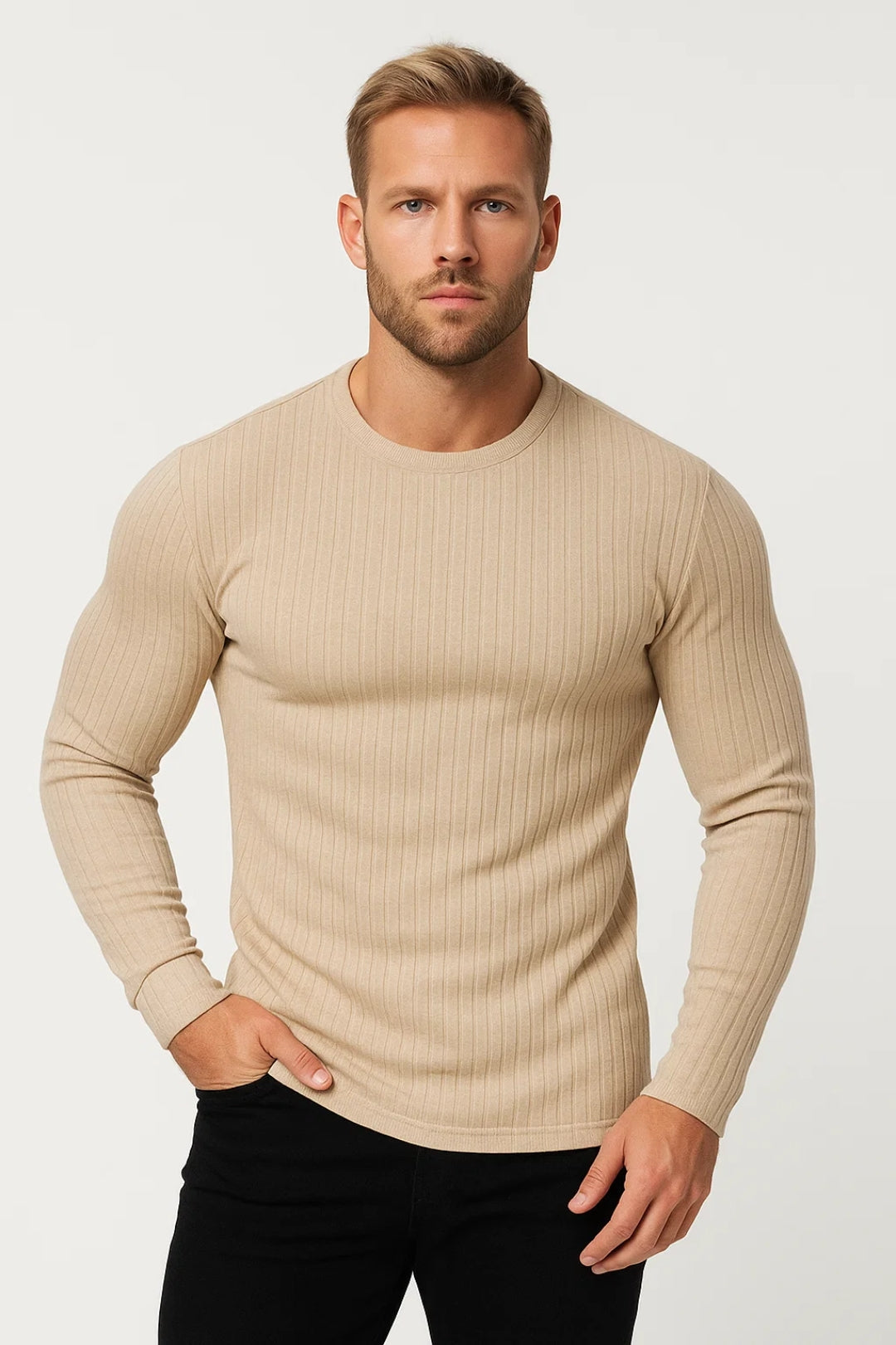 Moderna | Slim Fit Långärmad Topp för Män med Ribbad Textur | Mångsidig Bas för Komfort och Stil 2