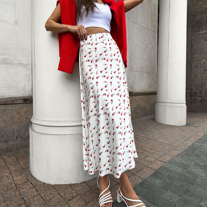 Olivia | Elegant Hög Midja Vårklänning Med Körsbärsmönster 0