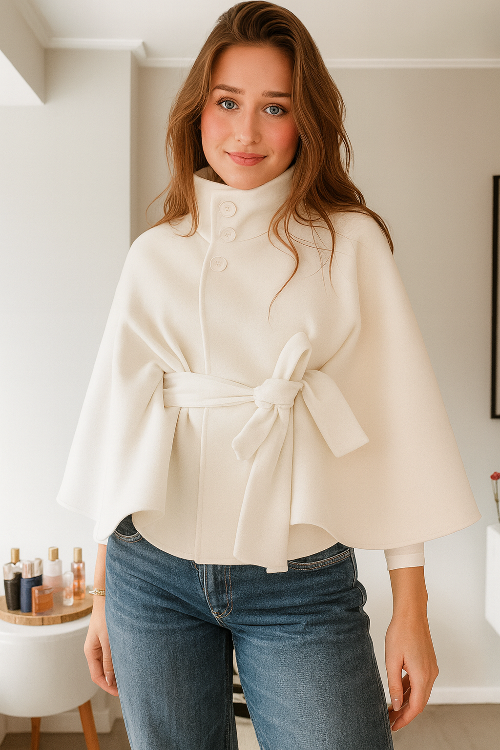 Olivia | Elegant Höstkappa med Hög Krage och Capeärmar 7