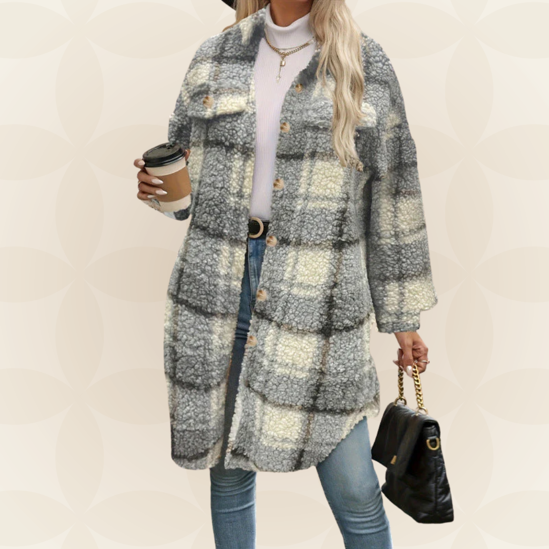 Olivia | Elegant Lång Rutigt Teddy Kappa för Dam 1