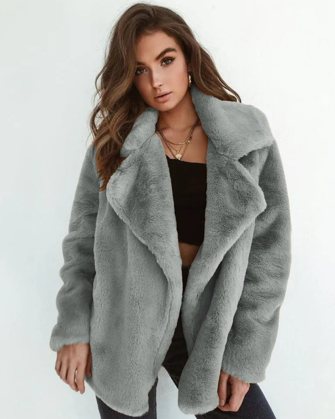 Olivia | Elegant Plysch Vinterrock Med Notchad Krage 0