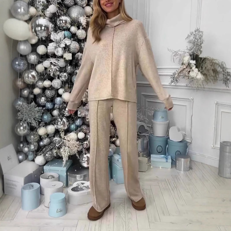 Olivia | Snygg Höststickad Polotröja Set med Långärmad Topp och Byxor 0
