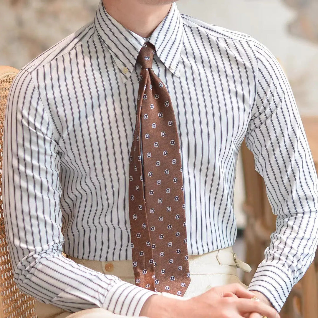 Retro Randig Skjorta | Långärmad Normal Passform med Elastisk Finish | Elegant Stil för Alla Tillfällen 1