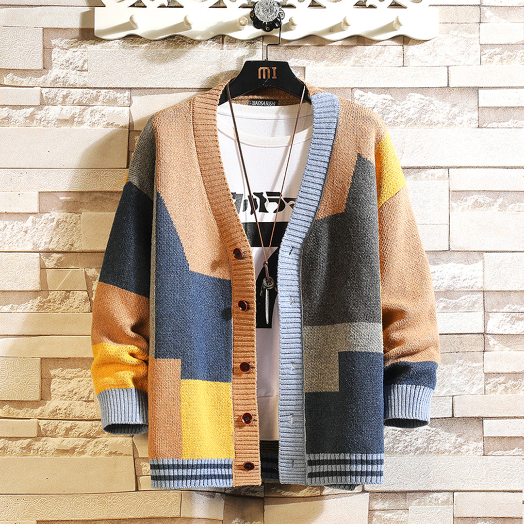 Ribbade Cardigan Män | Färgblock V-Ringning med Bekväm Passform | Mjukt Material för Vardagsbruk 1