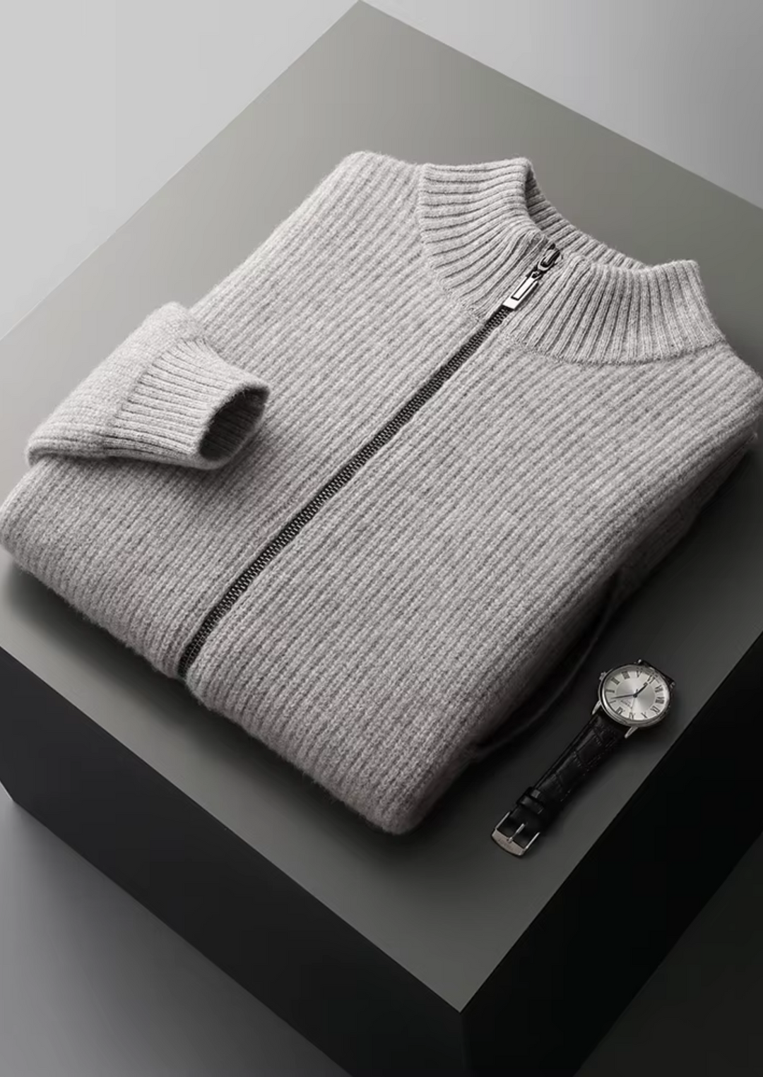 Ribbstickad Cardigan för Herrar med Hög Krage | Mångsidig Design för Alla Säsonger 0