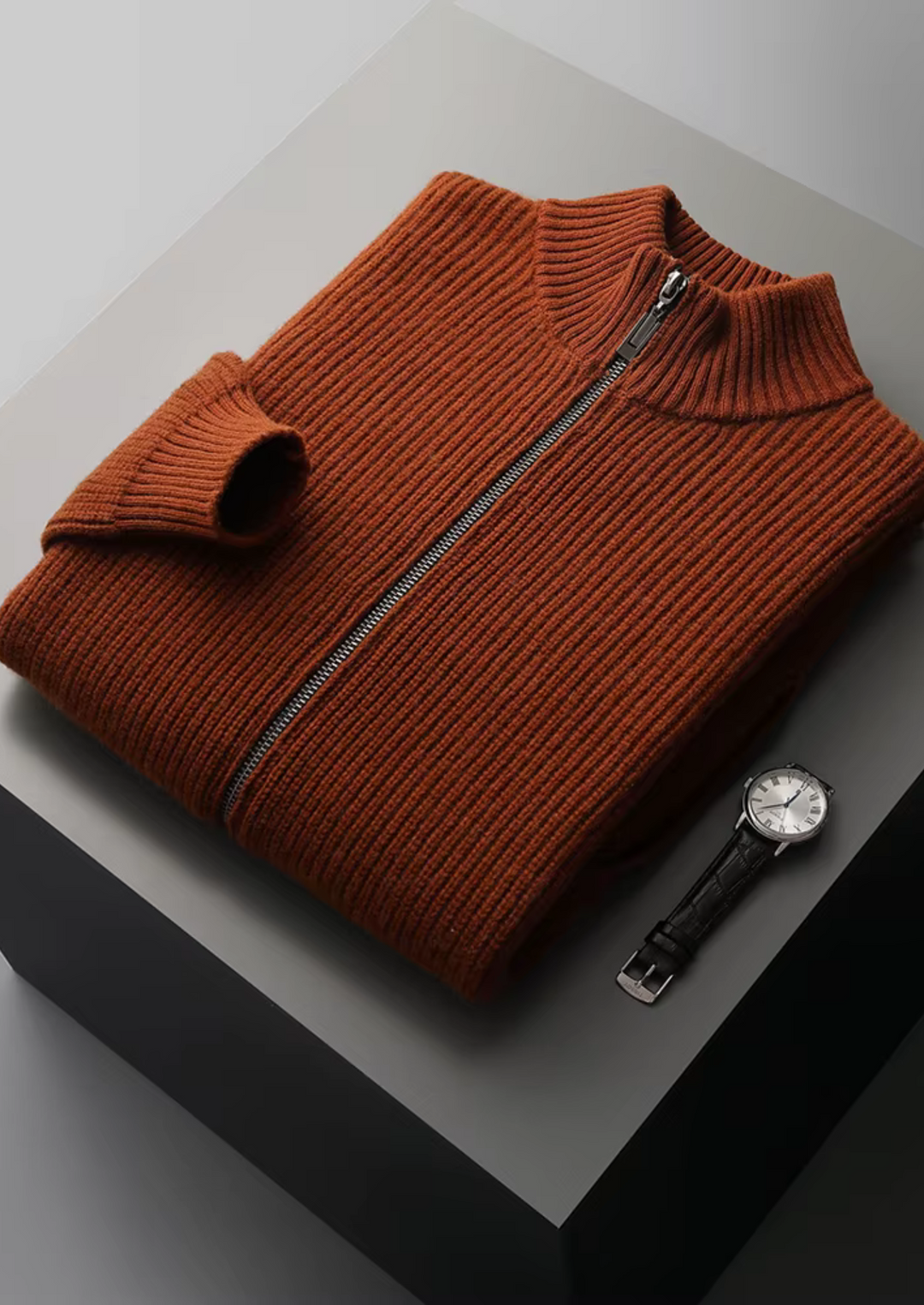 Ribbstickad Cardigan för Herrar med Hög Krage | Mångsidig Design för Alla Säsonger 10