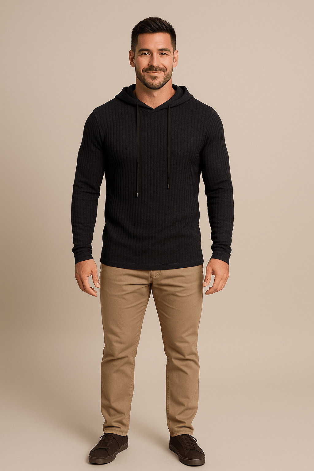 Ribbstickad Luvtröja för Herr med Justerbar Huva | Slim Fit Design för Stil och Komfort 0