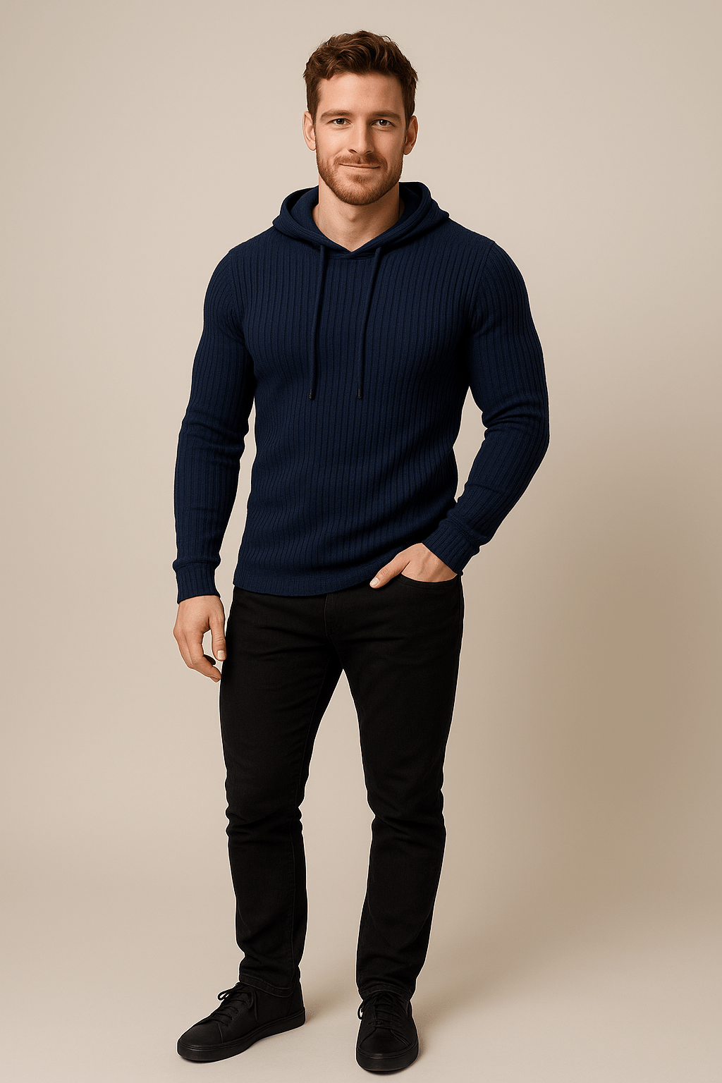 Ribbstickad Luvtröja för Herr med Justerbar Huva | Slim Fit Design för Stil och Komfort 3