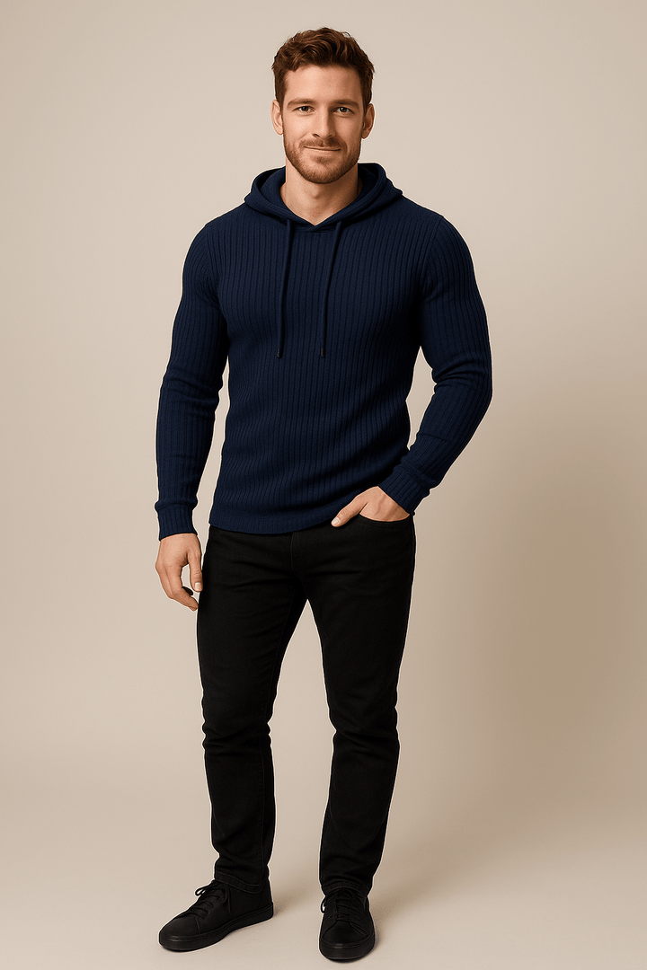 Ribbstickad Luvtröja för Herr med Justerbar Huva | Slim Fit Design för Stil och Komfort 3