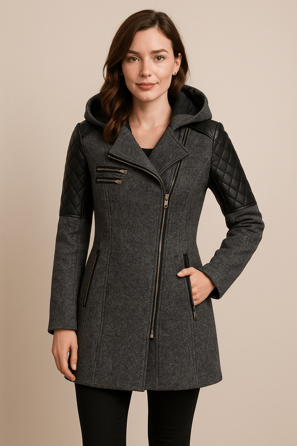 Skräddarsydd Damjacka | Jackor Dam med Quiltade Ärmar & Asymmetrisk Dragkedja | Modern Design för Stil och Komfort 1