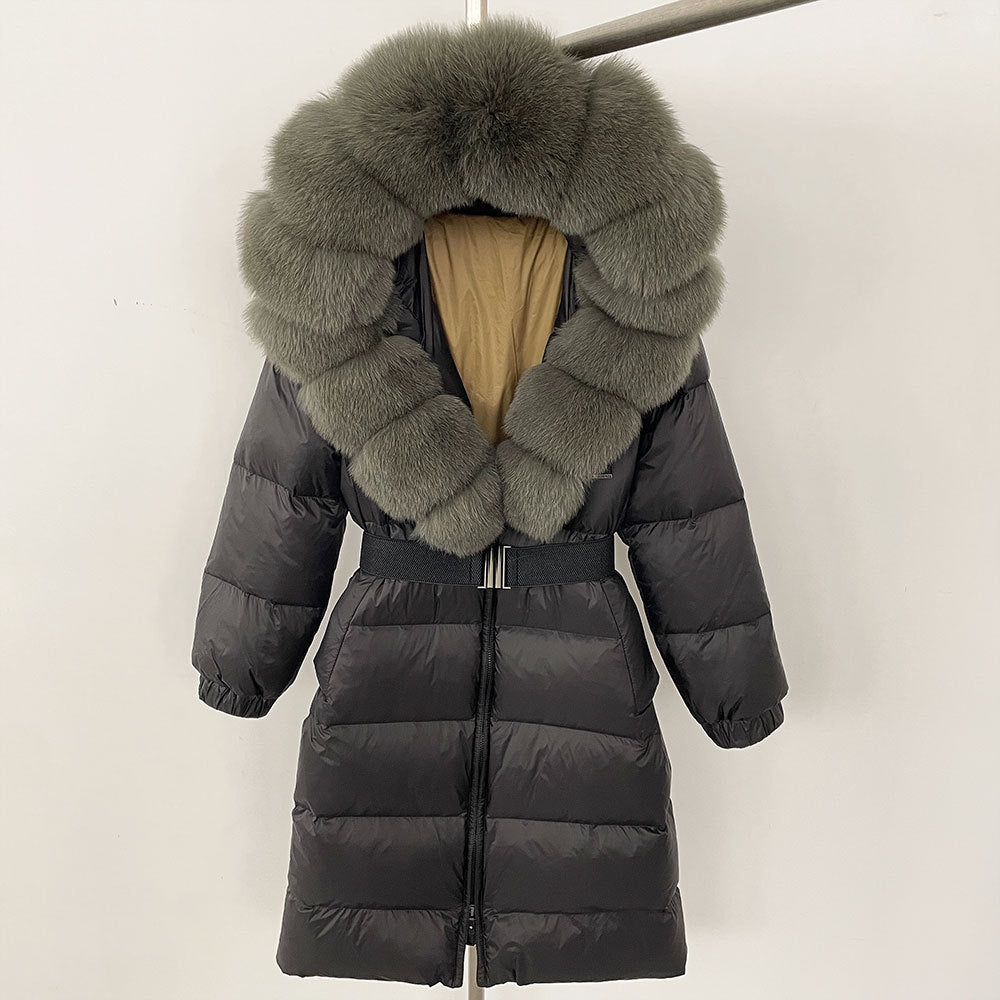 Sofia | Elegant Lång Vinterkappa Dam med Hoodie och Avtagbar Pälskrage 17