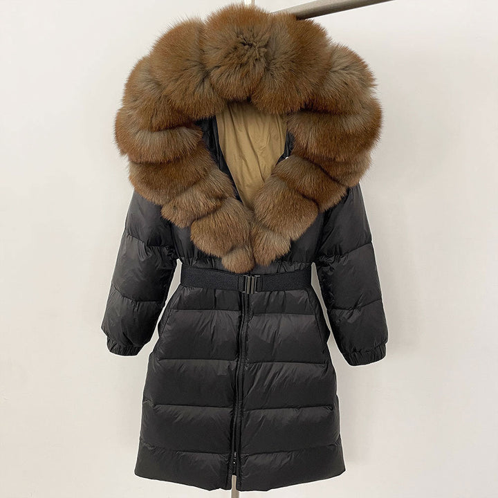 Sofia | Elegant Lång Vinterkappa Dam med Hoodie och Avtagbar Pälskrage 21