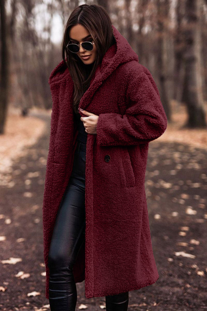 Sofia | Elegant Lång Vinterkappa Ull Dam Med Hoodie 10