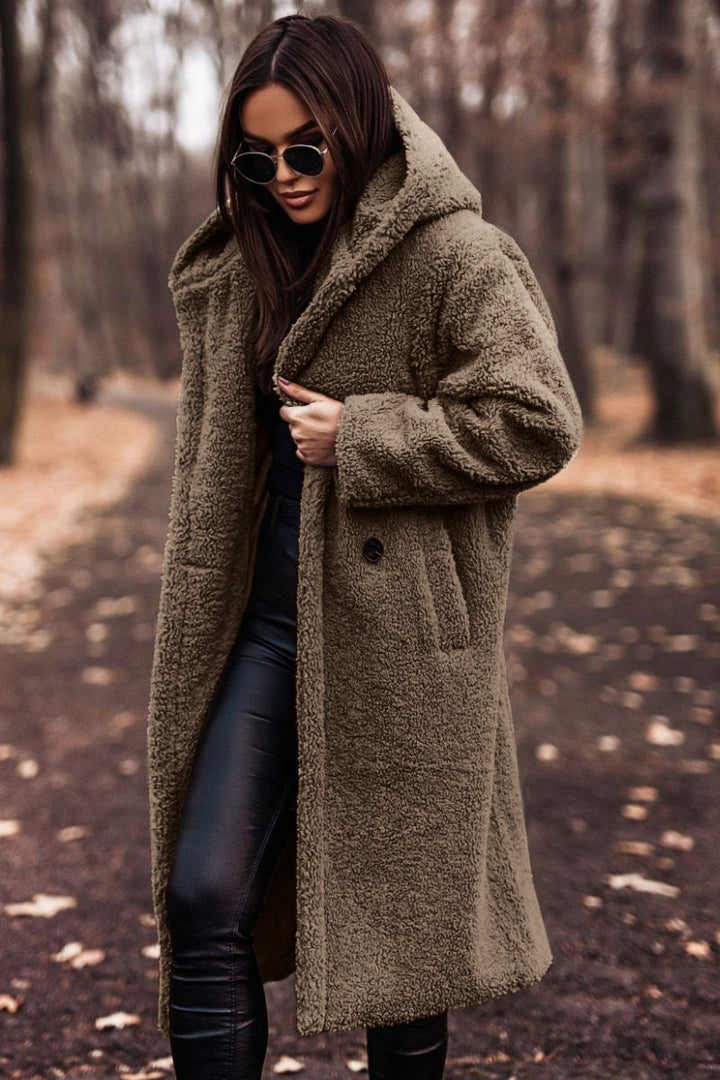 Sofia | Elegant Lång Vinterkappa Ull Dam Med Hoodie 7
