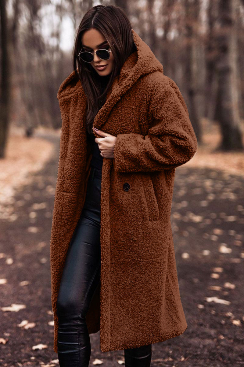 Sofia | Elegant Lång Vinterkappa Ull Dam Med Hoodie 9