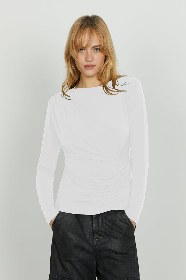 Sofia | Elegant Vit Blus Med Lång Ärmar och Veckad Midja 3