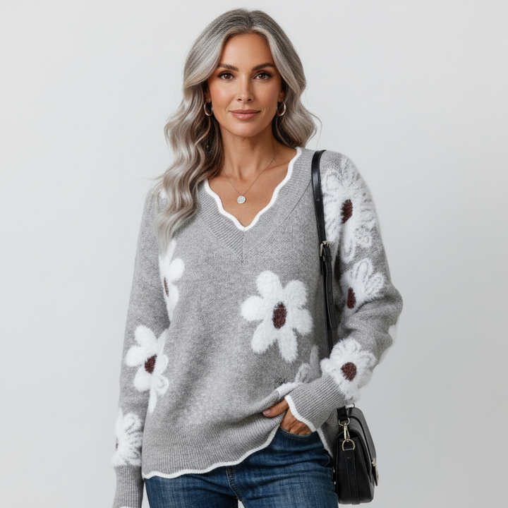 Sofia | Flerfärgad Stickad Tröja med Blommönster och V-Ringning Dam 0