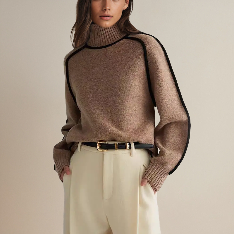 Sofia | Randig Slim Fit Polotröja Dam, Stickad Hög Halsringning 0
