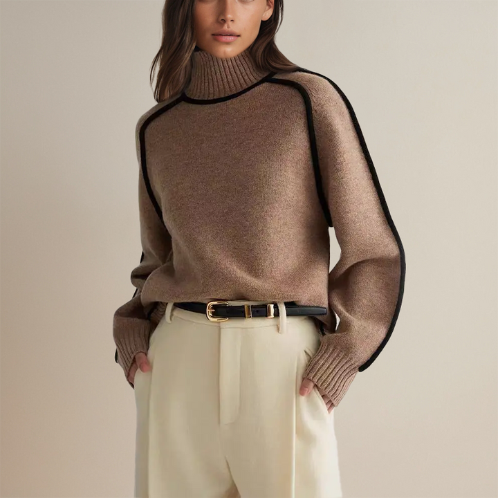 Sofia | Randig Slim Fit Polotröja Dam, Stickad Hög Halsringning 0
