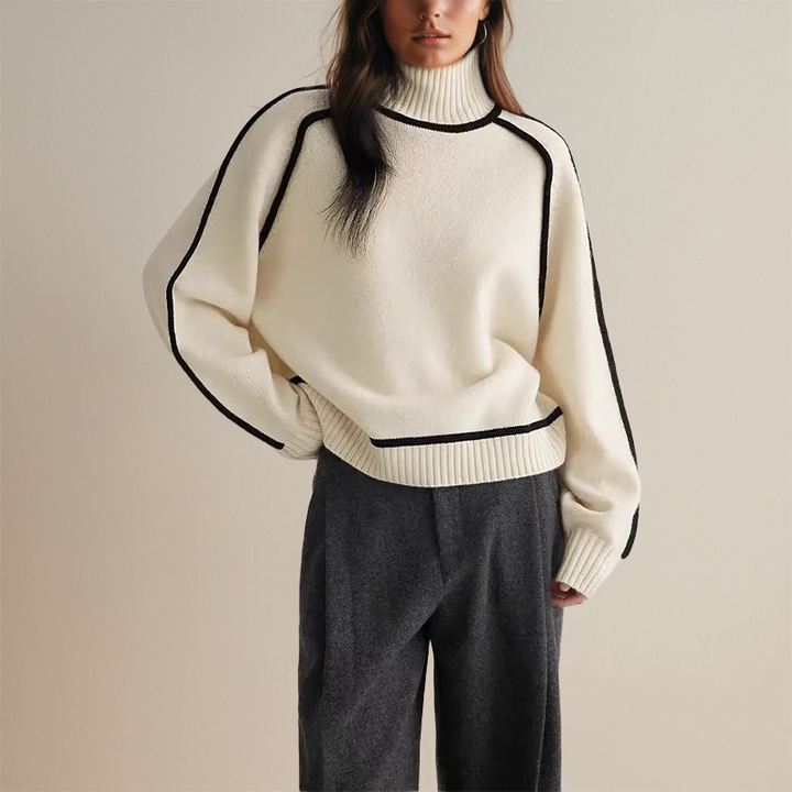 Sofia | Randig Slim Fit Polotröja Dam, Stickad Hög Halsringning 2