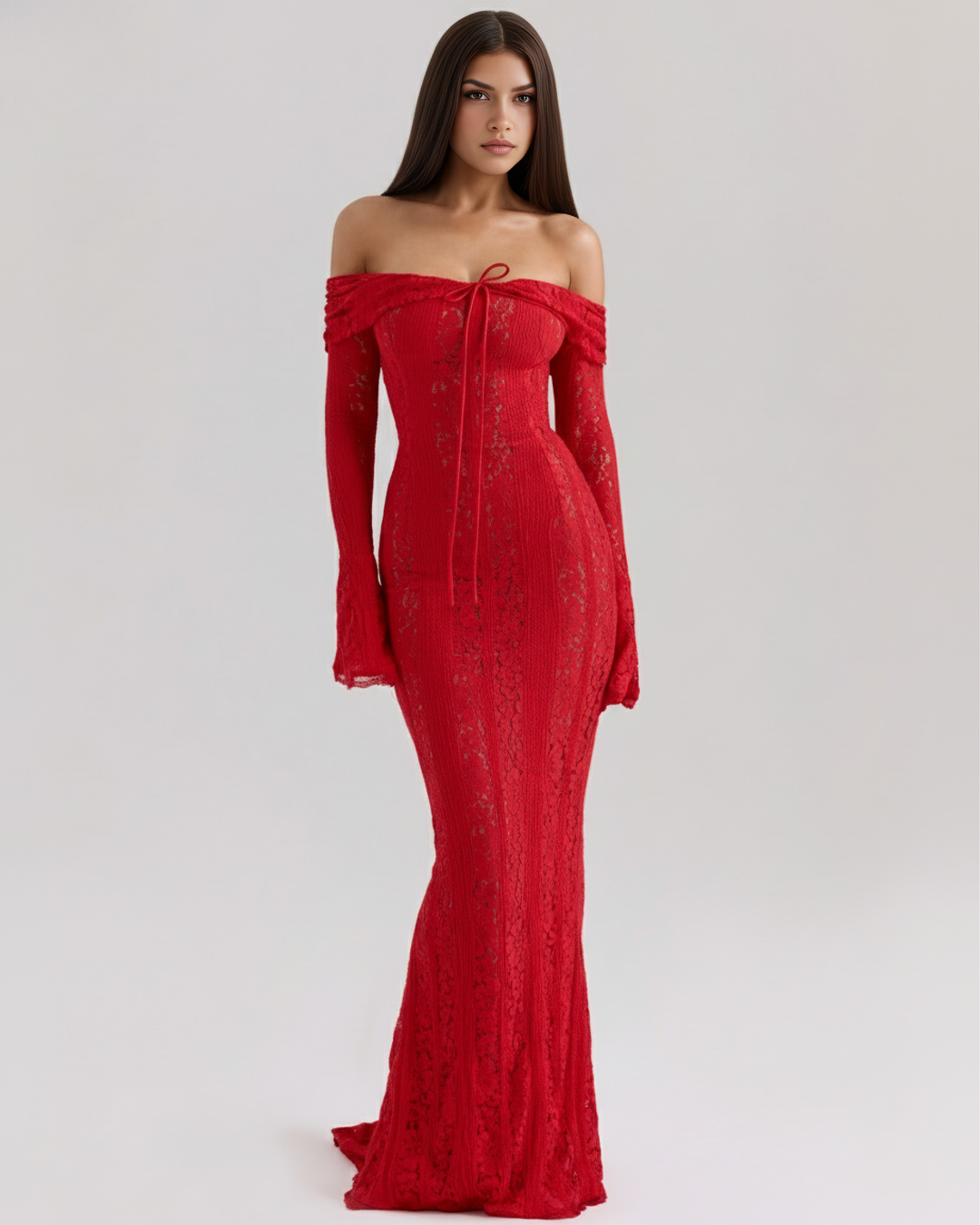 Sofia | Röd Off-Shoulder Maxiklänning med Blommig Spets 1