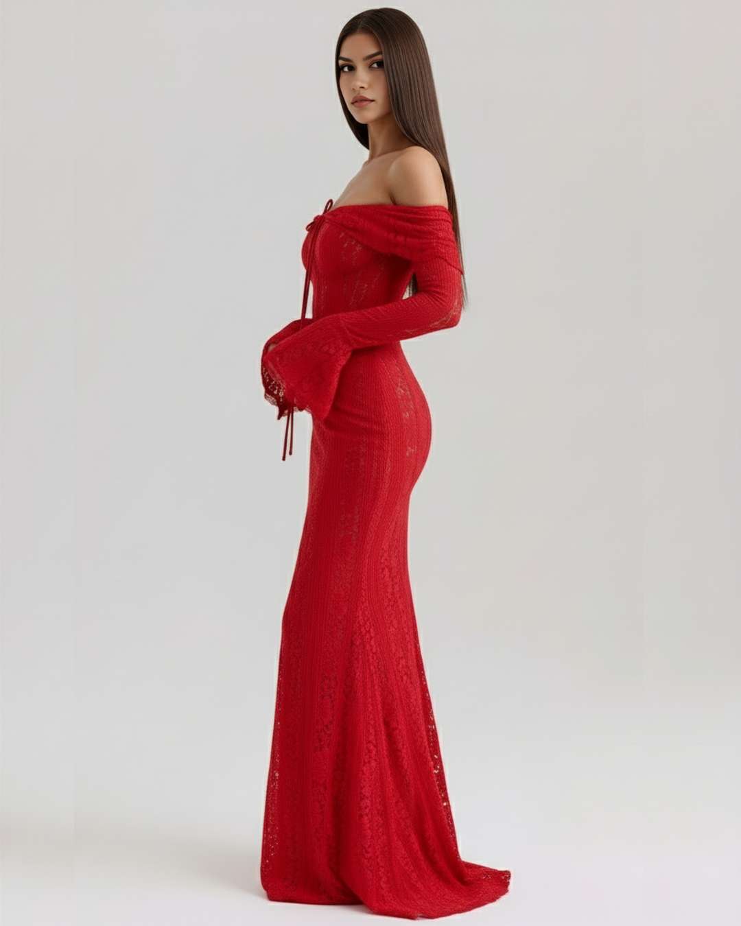 Sofia | Röd Off-Shoulder Maxiklänning med Blommig Spets 4