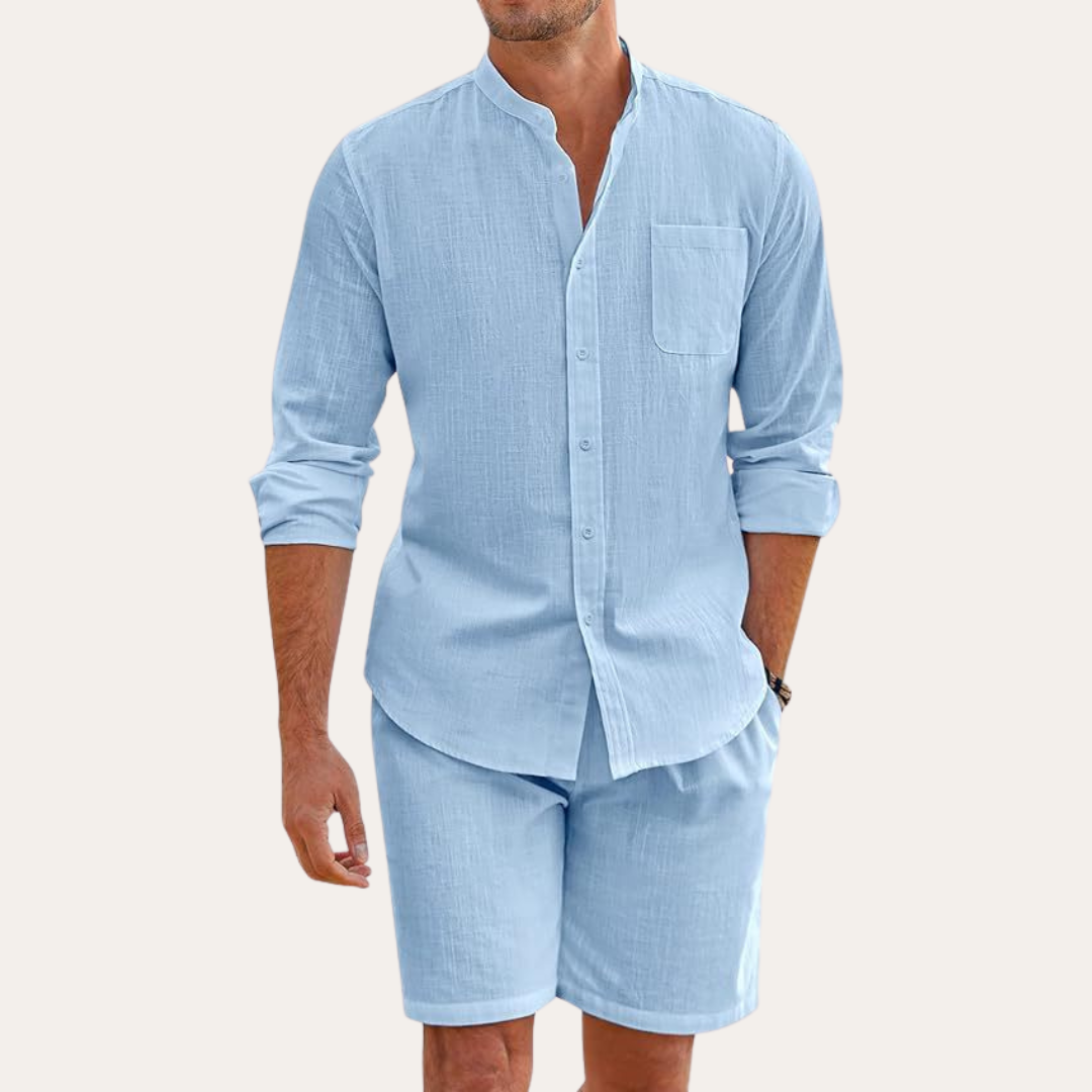 Sommarset för Män | Långärmad Skjorta och Shorts med Andningsbart Material | Avslappnad Passform för Komfort och Stil 3