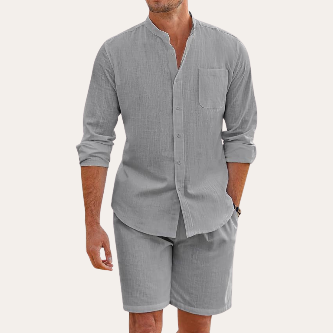 Sommarset för Män | Långärmad Skjorta och Shorts med Andningsbart Material | Avslappnad Passform för Komfort och Stil 4