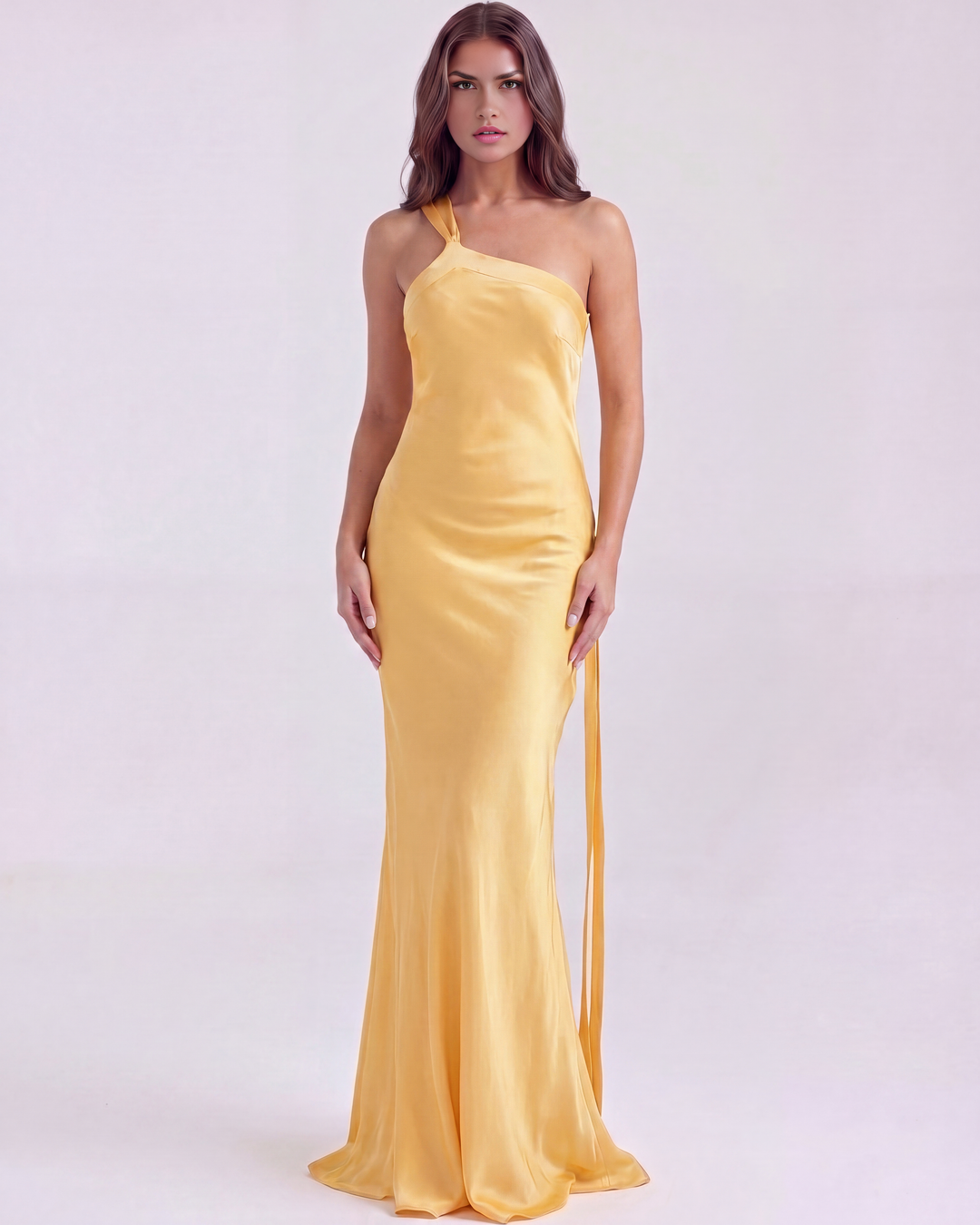 Sophia | Elegant Golvlång Klänning i Smörgul 2