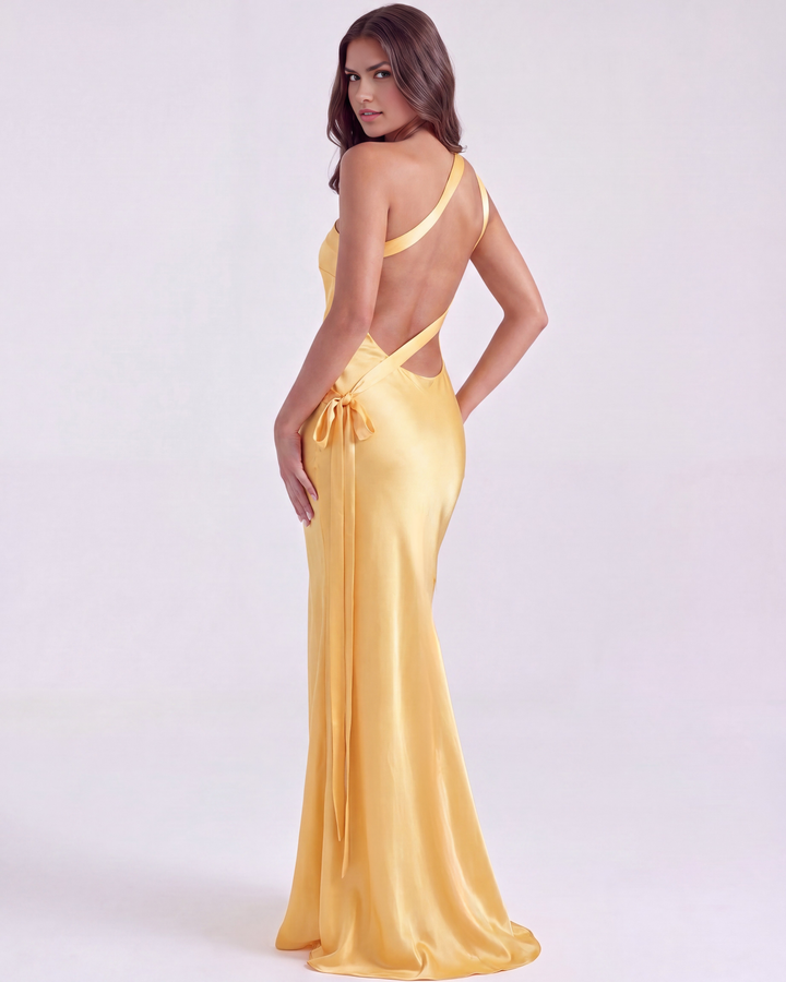 Sophia | Elegant Golvlång Klänning i Smörgul 4
