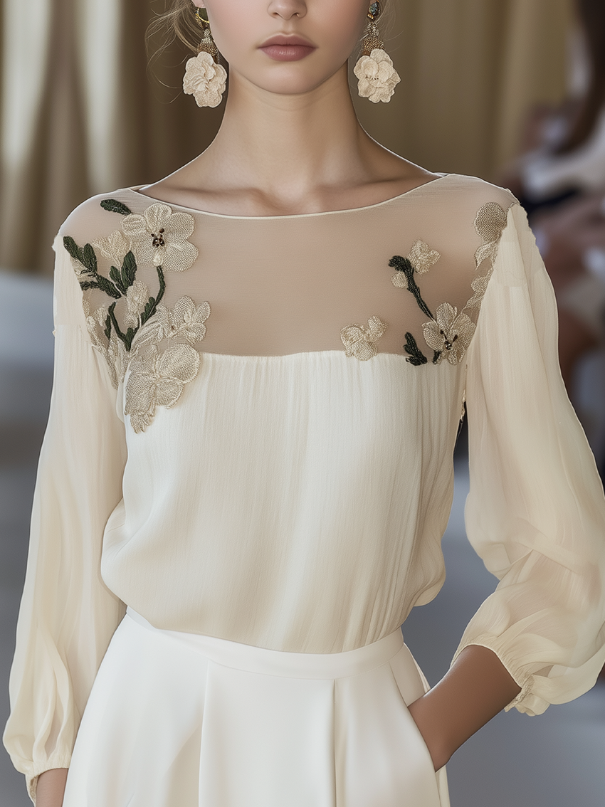 Sophie | Elegant Blommig Dam Skjorta med Mesh-ok 0