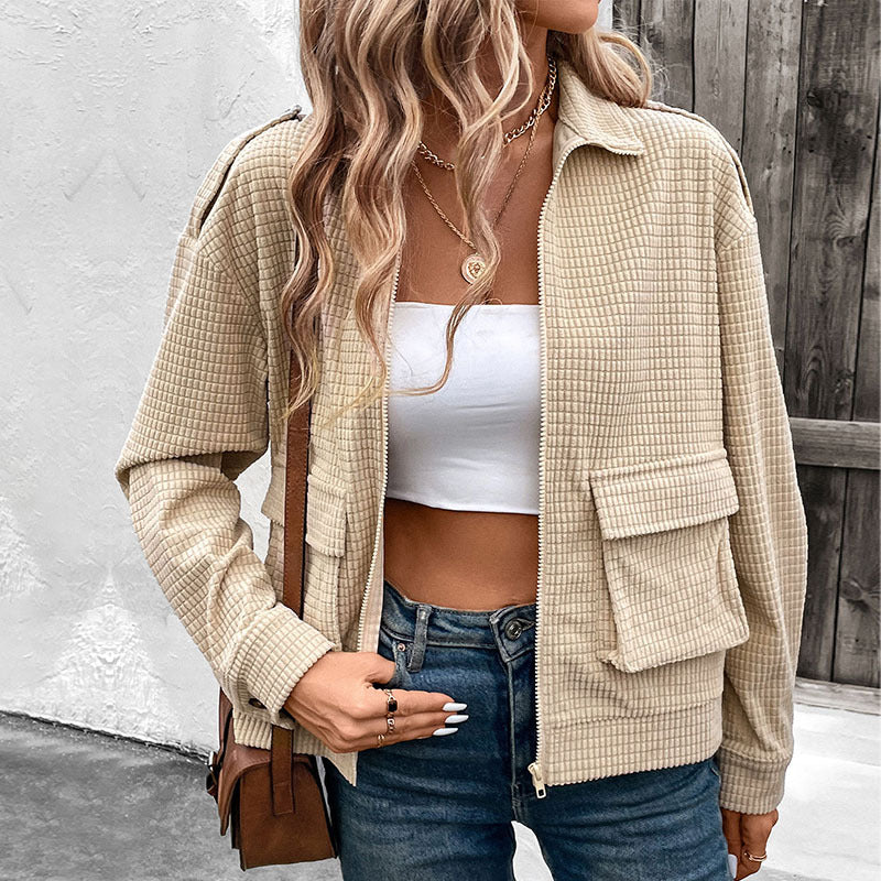 Sophie | Elegant Kaki Höstkappa med Dragkedja och Korduroy 3