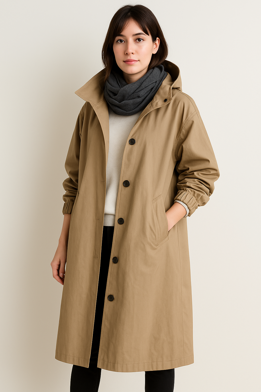Sophie | Elegant Lång Trenchcoat Med Huva Och Fickor 0