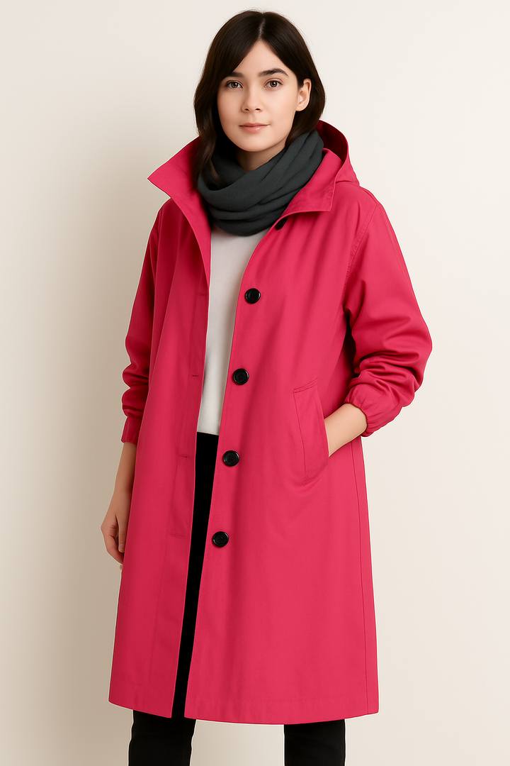 Sophie | Elegant Lång Trenchcoat Med Huva Och Fickor 1