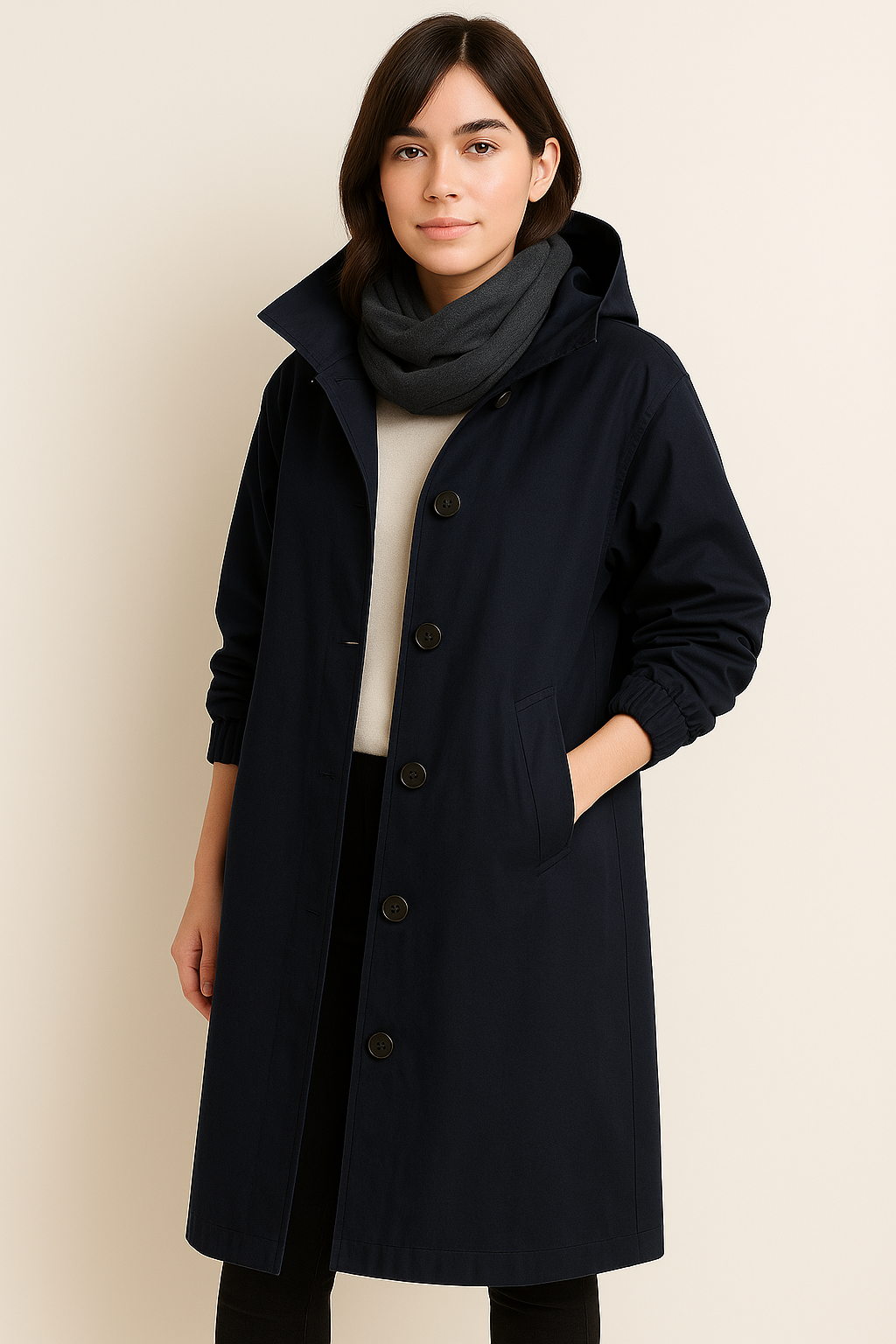 Sophie | Elegant Lång Trenchcoat Med Huva Och Fickor 5