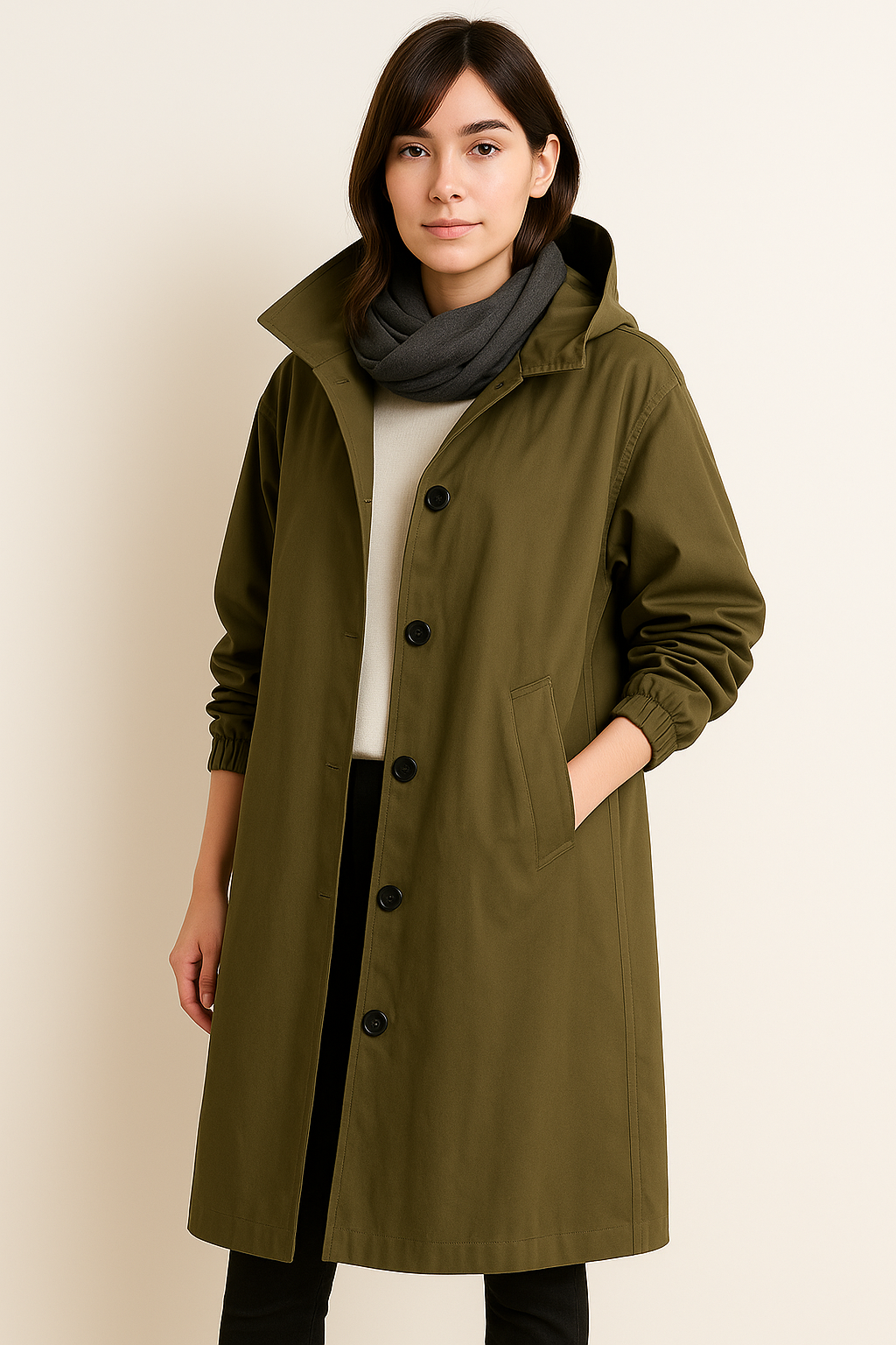 Sophie | Elegant Lång Trenchcoat Med Huva Och Fickor 6
