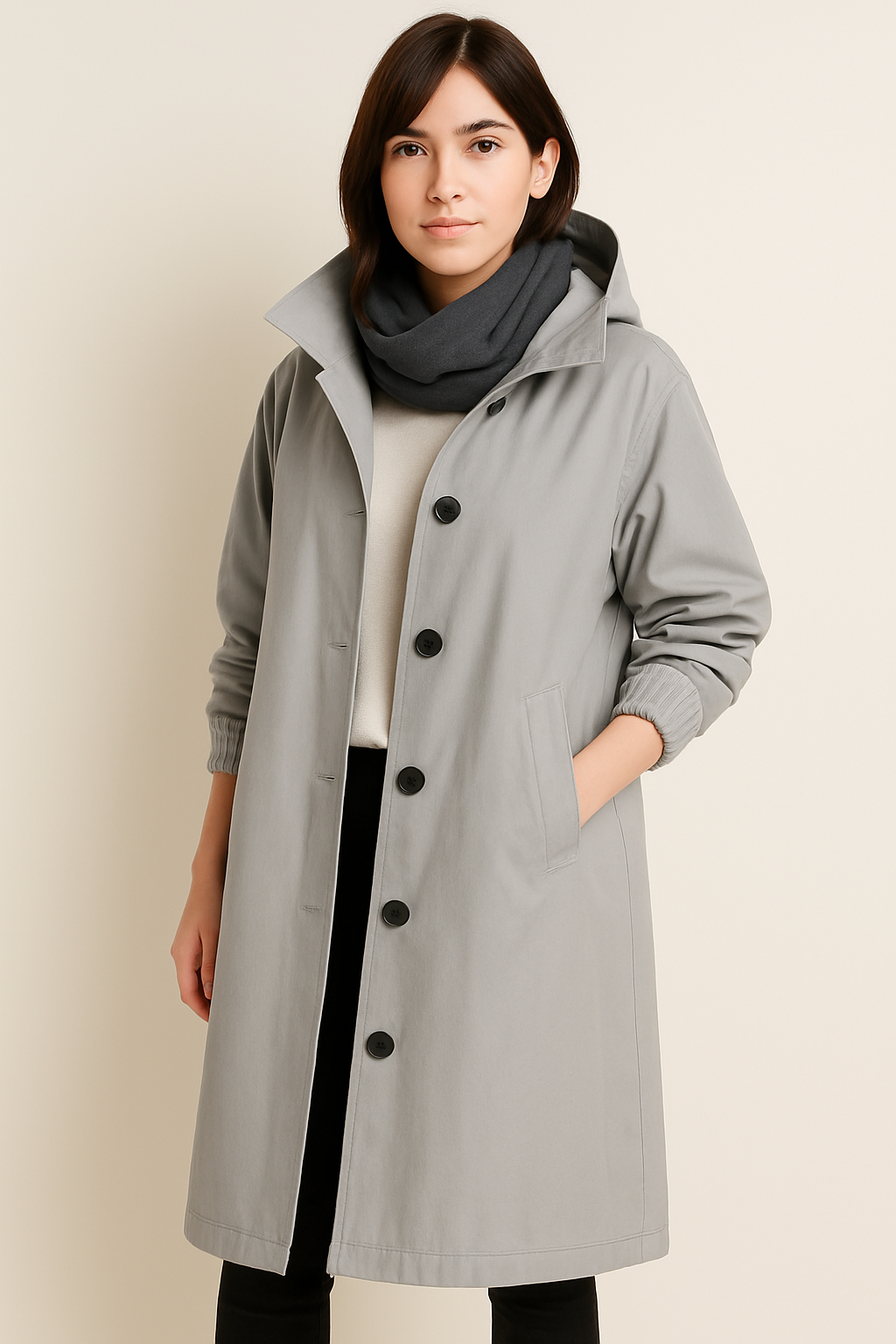 Sophie | Elegant Lång Trenchcoat Med Huva Och Fickor 7