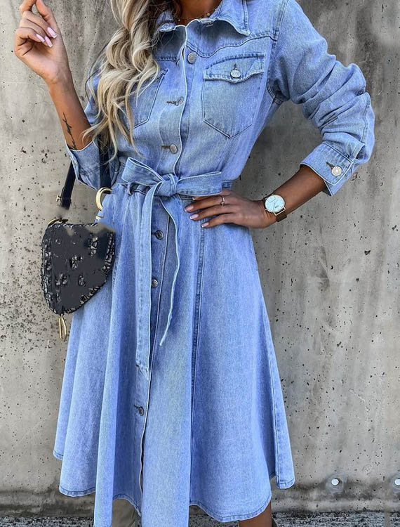 Sophie | Elegant Midiklänning i Denimblandning med Utsvängd Silhuett 0