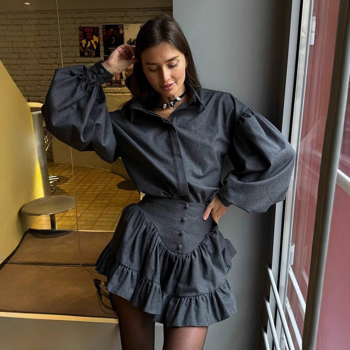 Sophie | Elegant Rutig Kostym Set Dam Med Volangärmar 2