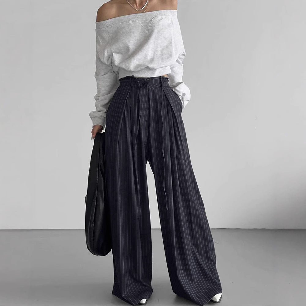 Sophie | Hög Midja Randiga Byxor Dam med Vidbenade Design 1